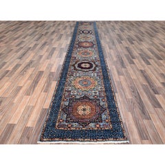 Alfombra oriental XL de lana anudada a mano azul zafiro de la dinastía mameluca
