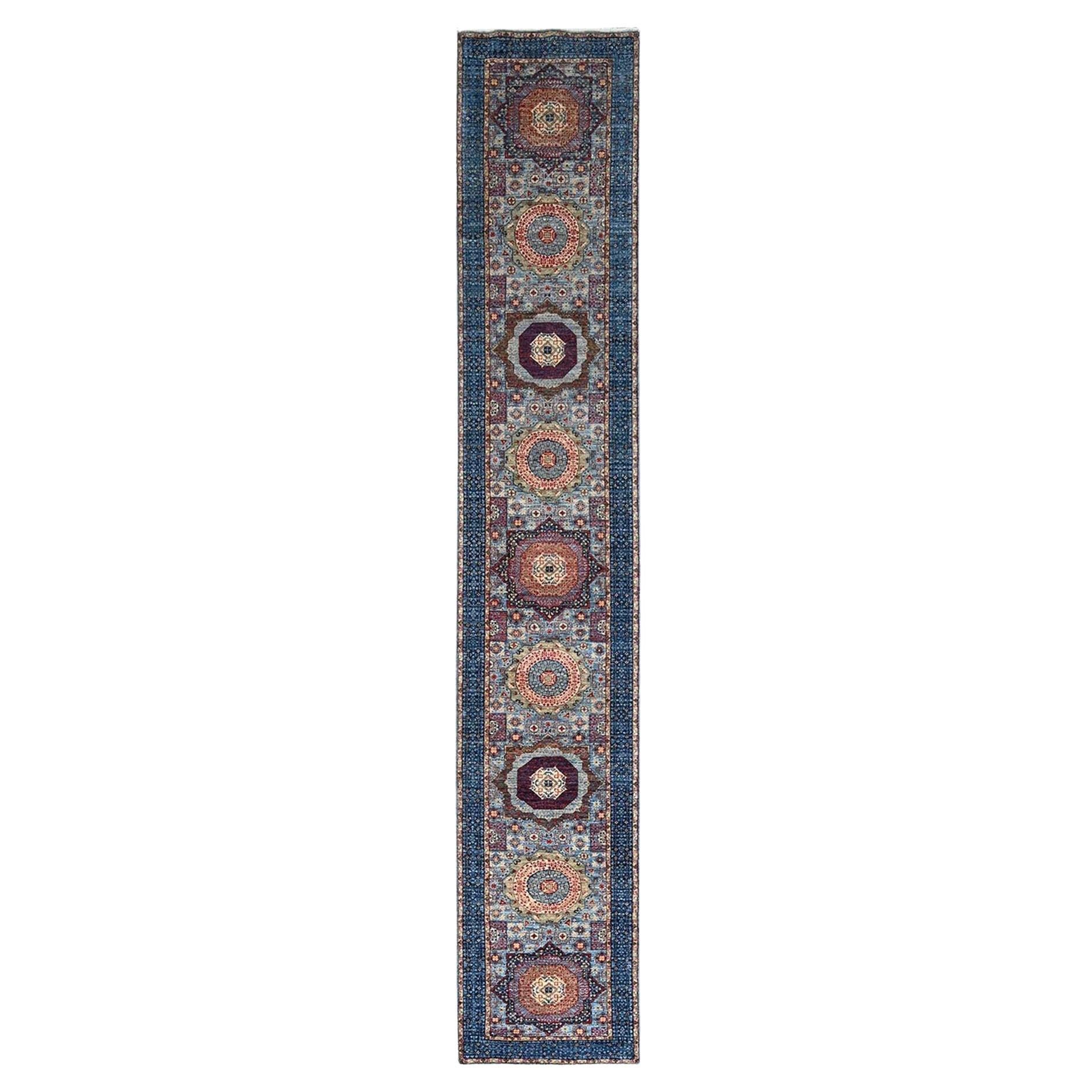 2'8 "x15'4" Sapphire Blue annodato a mano Mamluke Dynasty Wool XL Runner Oriental Rugs