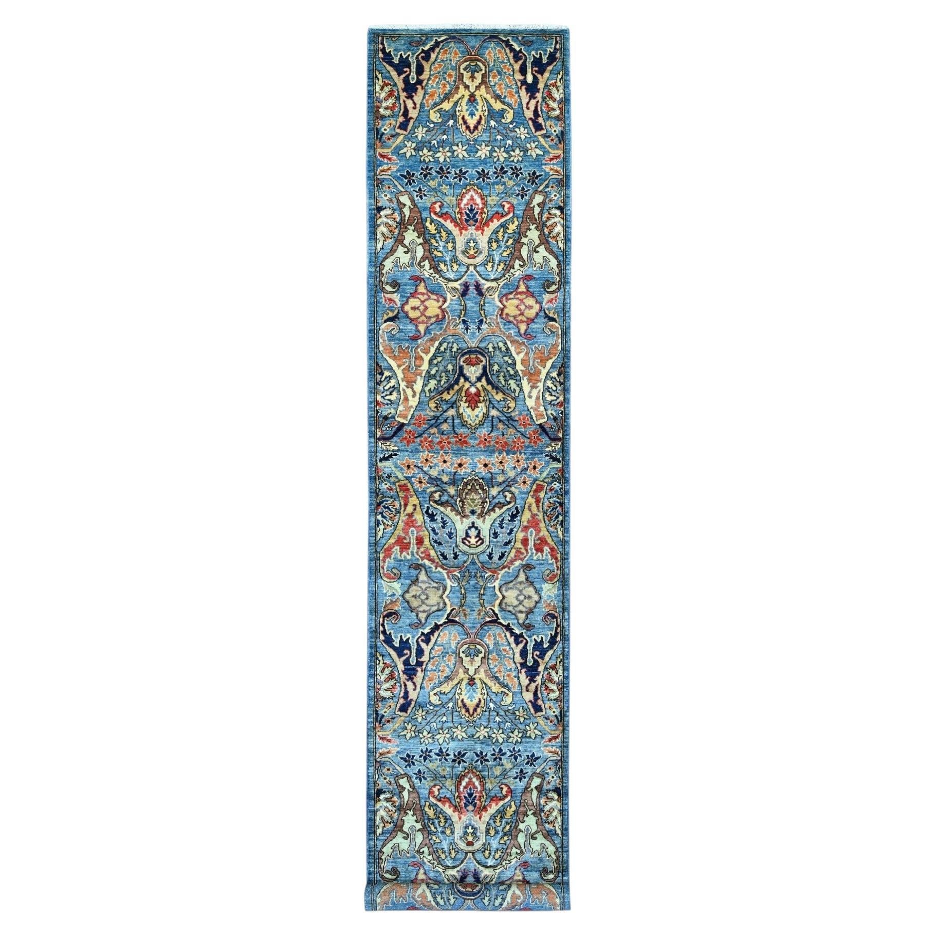 2'8"x15'6" Blue Peshawar with Bijar Garus Design Hand Knotted Wool Runner Rug For Sale