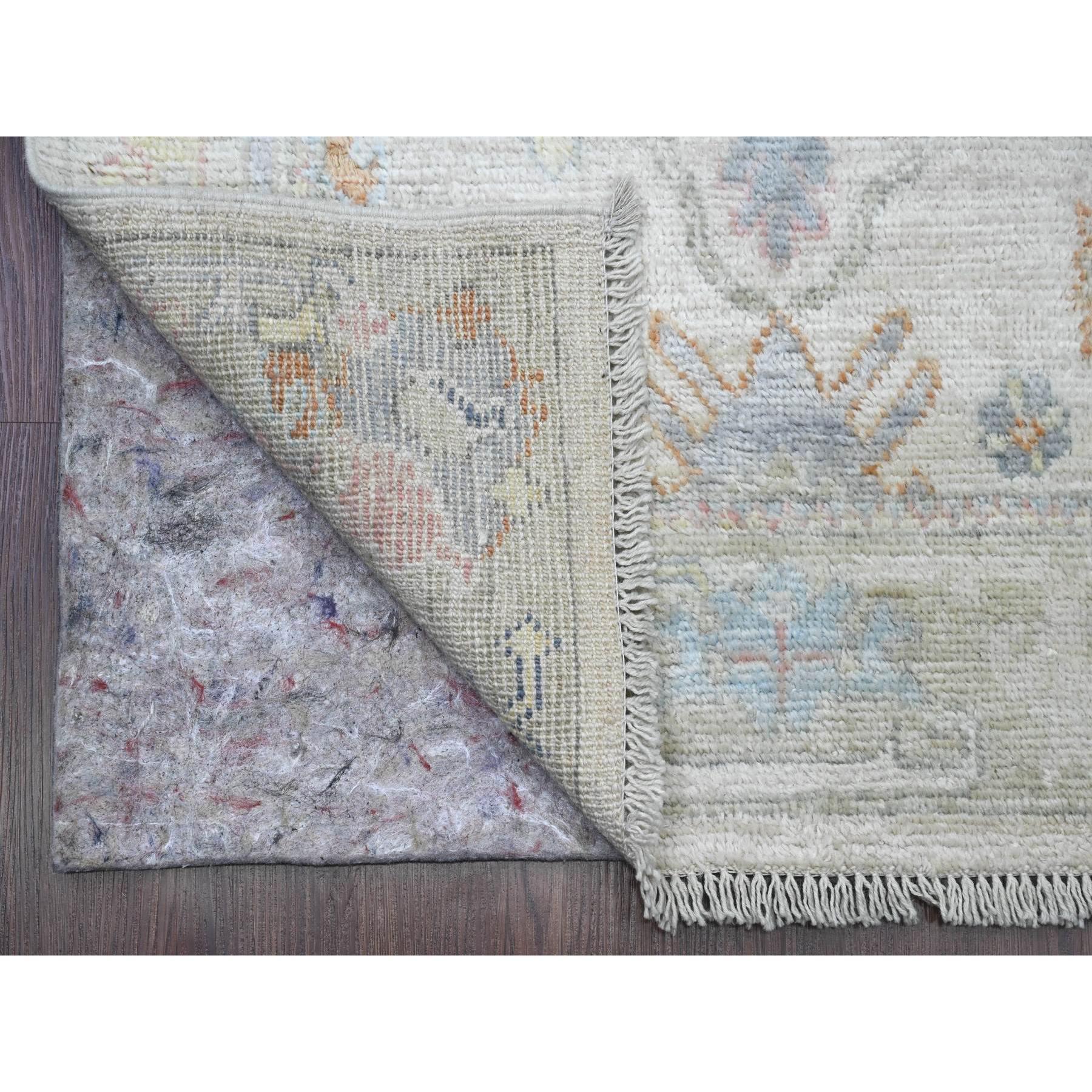 Bone White, Afghan Angora Ushak with Colorful Leaf Design, Veggie Dyes, Pure Wool, Hand Knotted, XL Runner, Oriental Rug
Primary materials: Wool
Latex: No Pile 
height: 0.25 Inches
Style: Transitional
Primary color: Ivory
Secondary colors: Yellow,