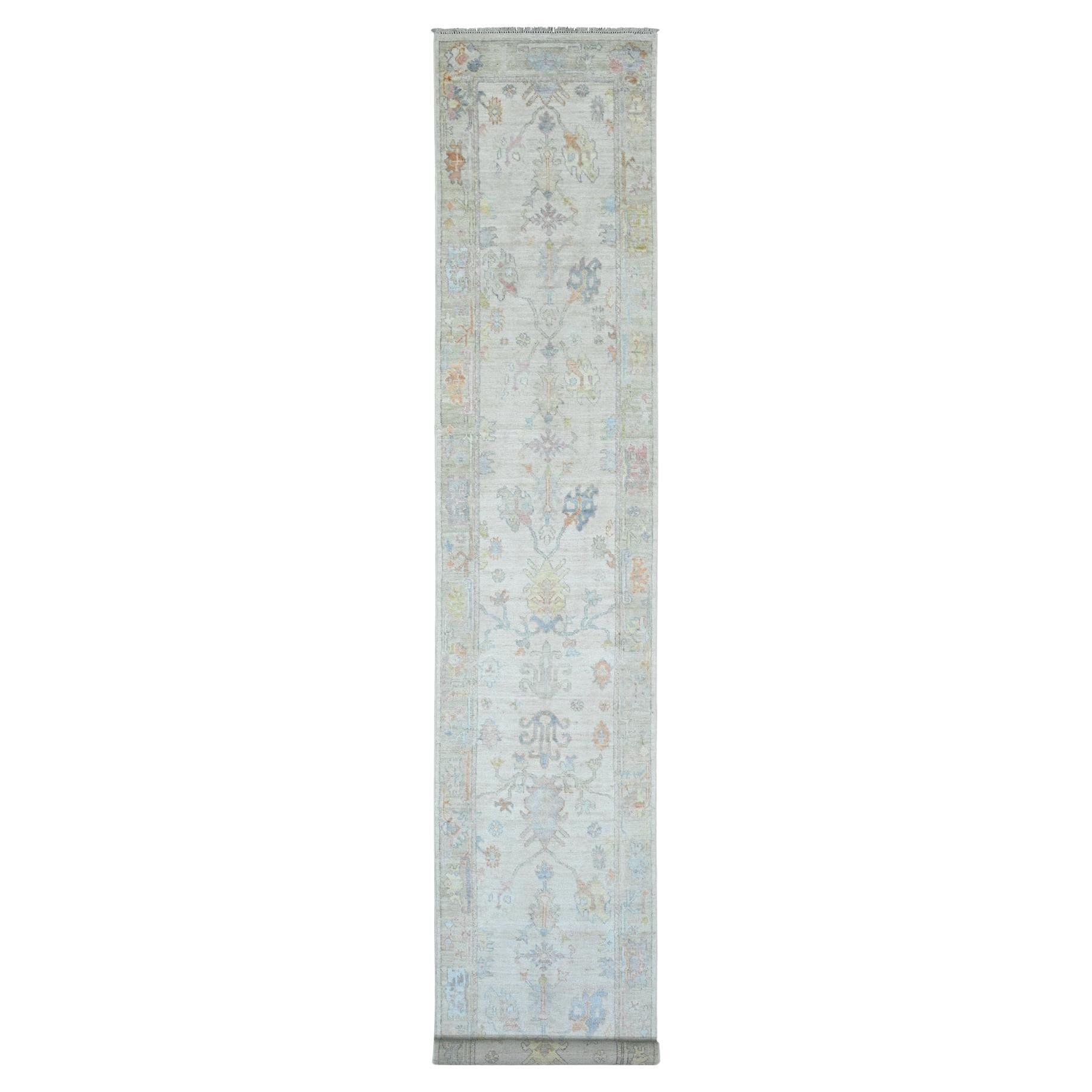 2'8"x15'7" White Afghan Angora Ushak Leaf Design Hand Knotted Wool Runner Rug For Sale