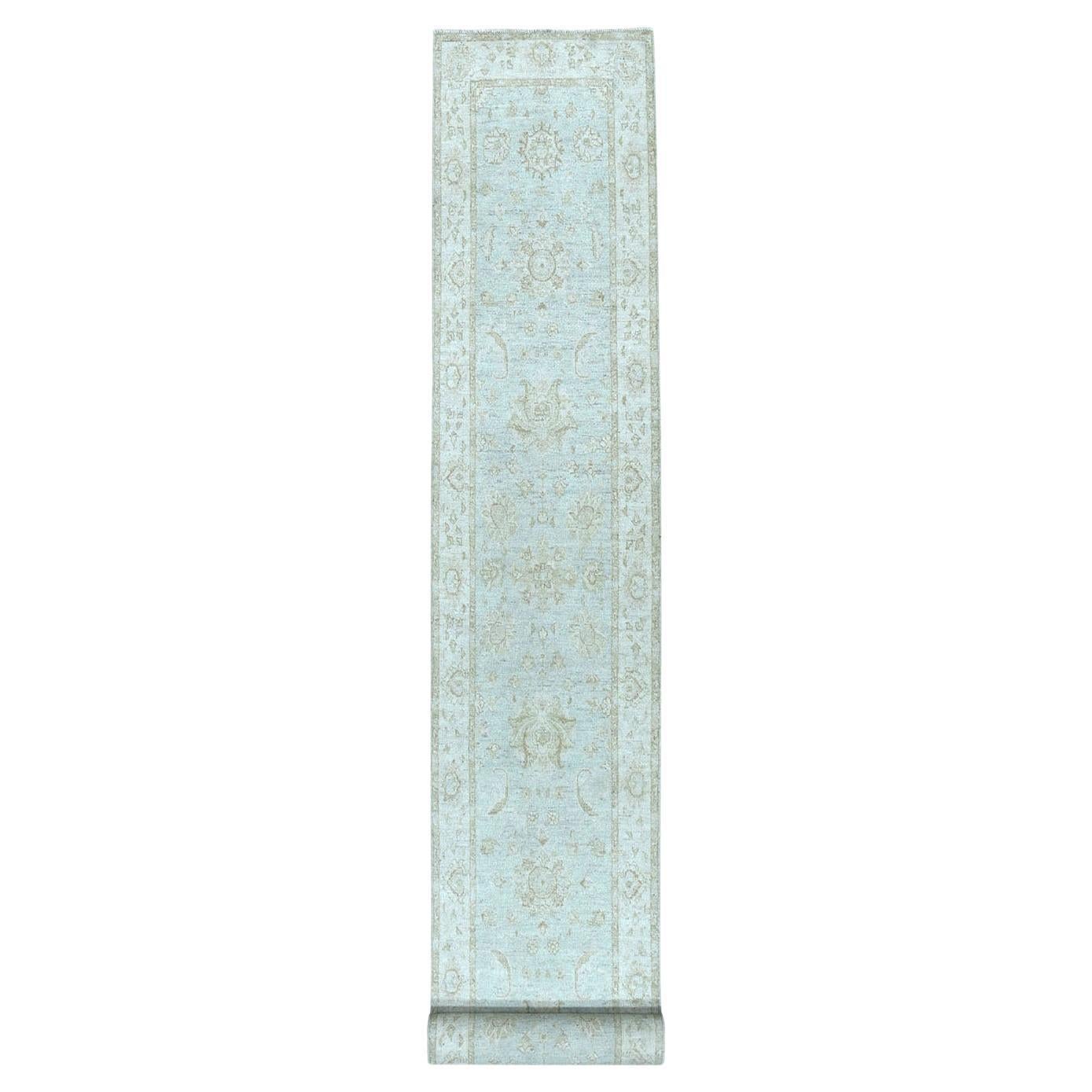 2
8"x15
9" White Wash Peshawar Pure Wool Hand-Knotted Oriental XL Runner Rug For Sale