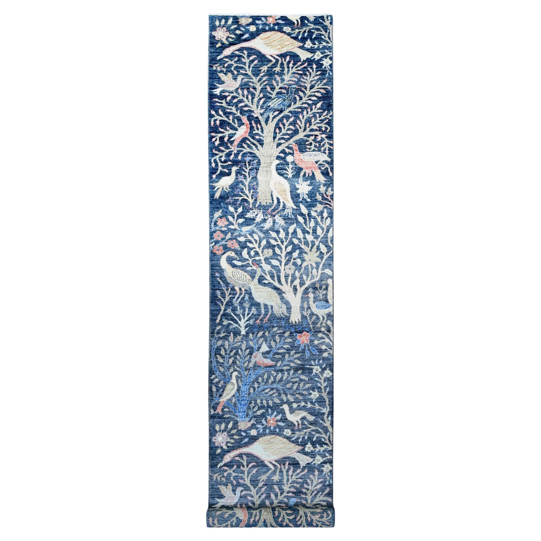 2'8 "x16' Blue Peshawar Birds of Paradise Design Tappeto Runner in Lana Annodato a Mano