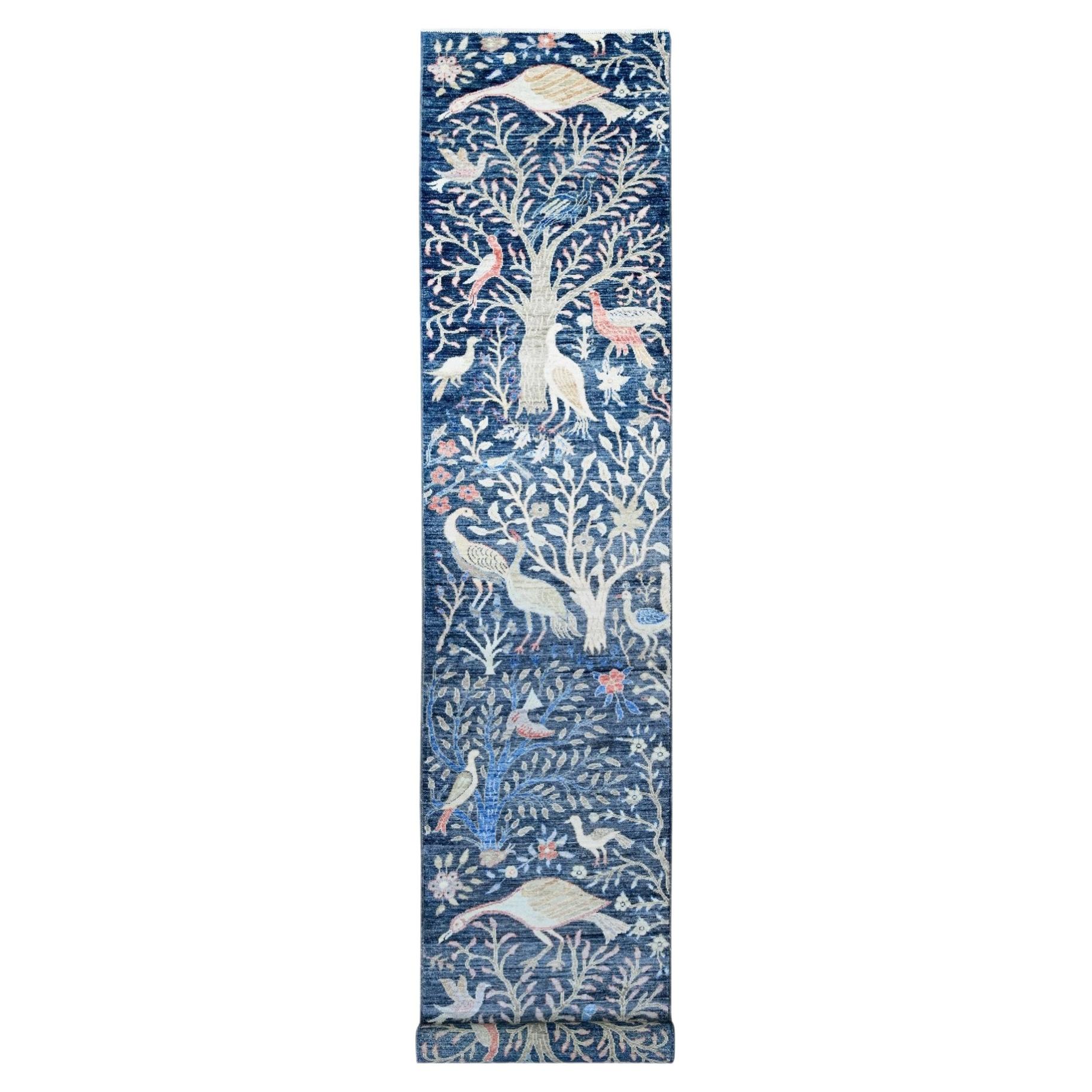 2'8"x16' Blue Peshawar Birds of Paradise Design Hand Knotted Wool Runner Rug