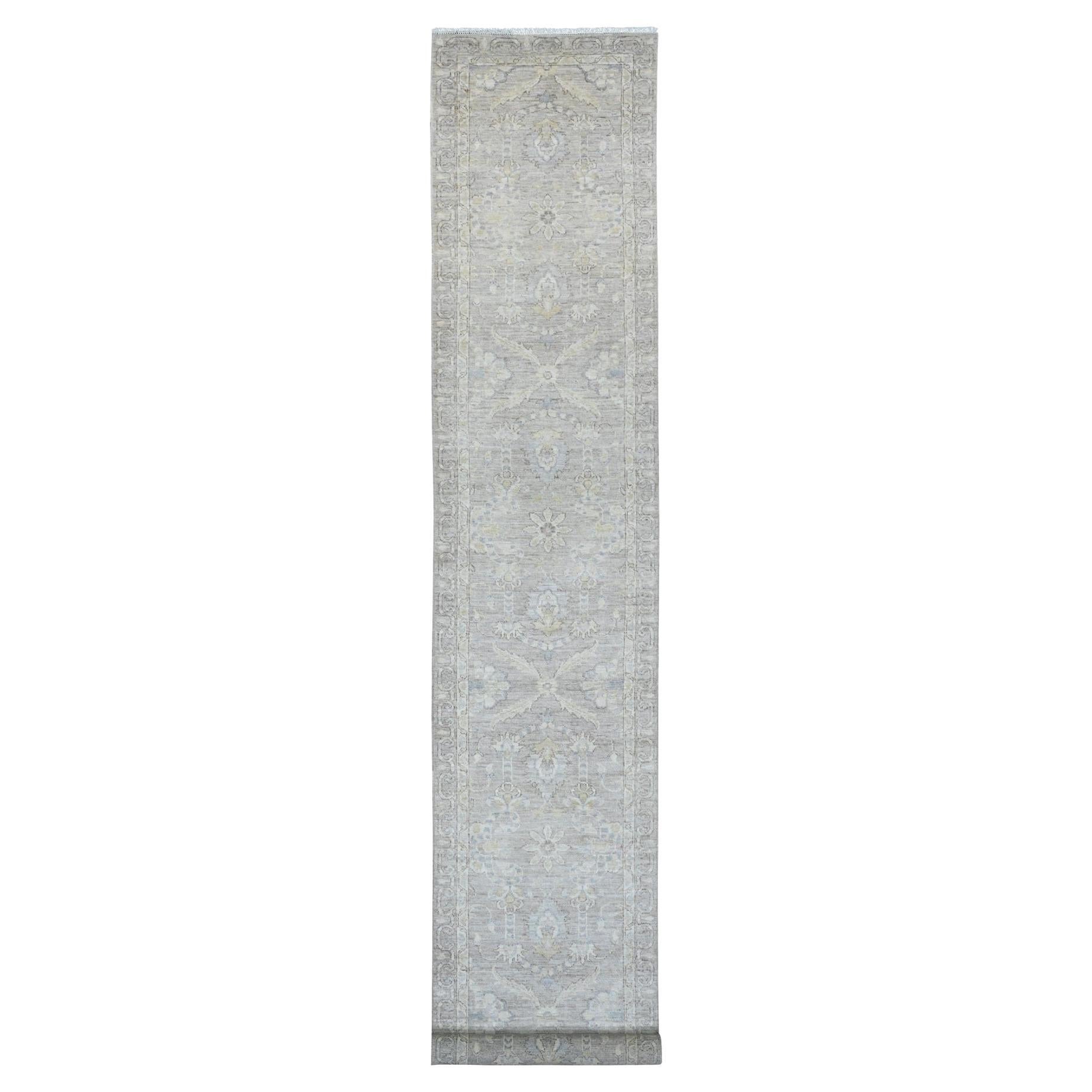 Tappeto Runner in lana annodata a mano 2'8 "x16'1" grigio Stone Washed Peshawar Leaf Designs in vendita