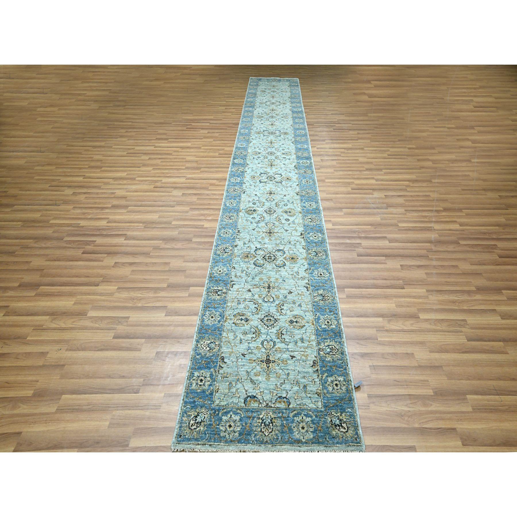 Sky Blue, All Over Shah Abbas Flower Design, Natural Dyes, Agra, Pure Wool, Densely Woven, Hand Knotted, XL Runner, Oriental Rug
Primary materials: Wool
Latex: No Pile 
height: 0.25 Inches
Style: Transitional
Primary color: Blue
Secondary colors: