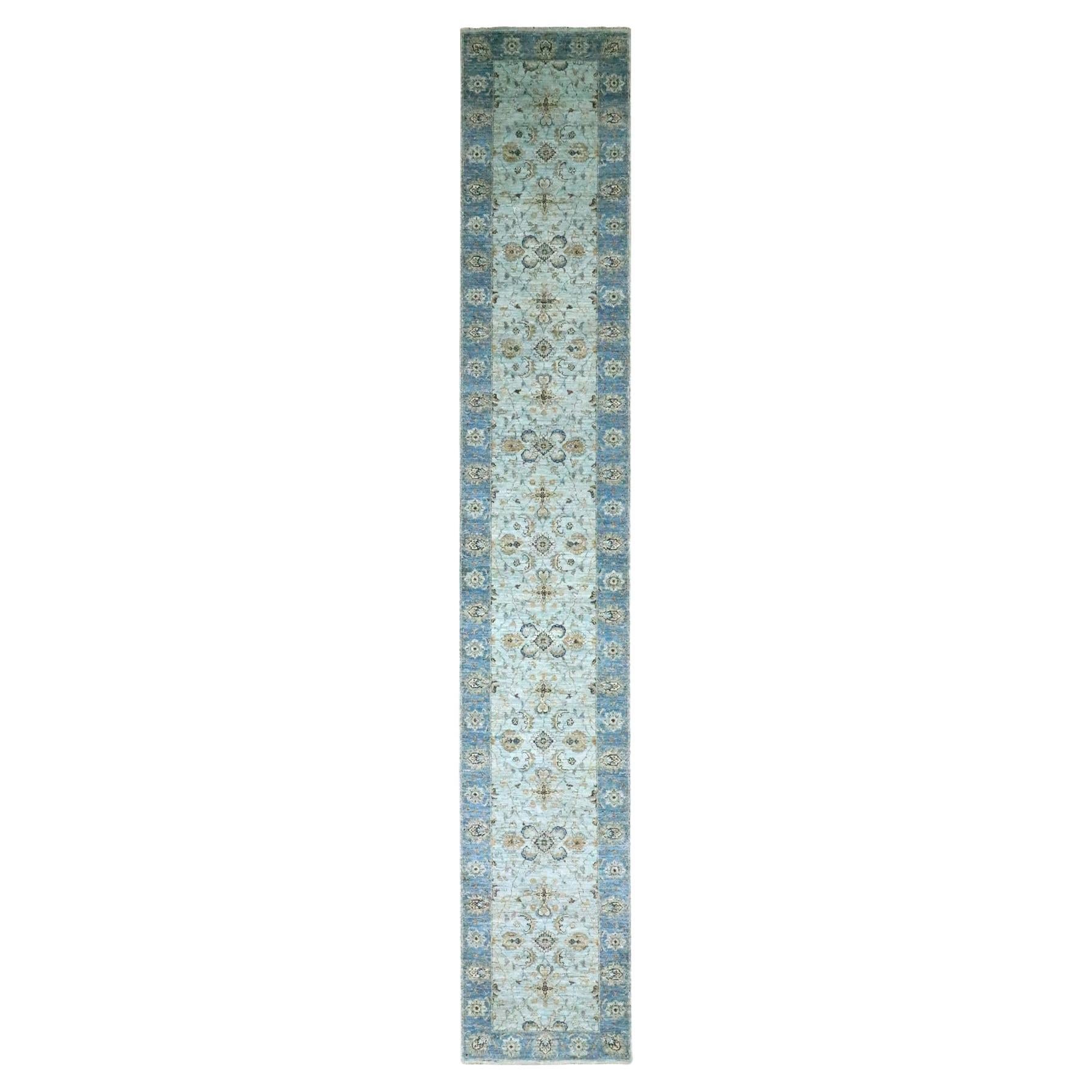 2'8"x16'1" Sky Blue Shah Abbas Flower Design Agra Hand Knotted Wool Runner Rug For Sale