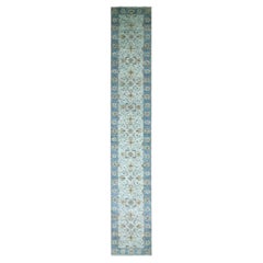 2'8"x16'1" Sky Blue Shah Abbas Flower Design Agra Hand Knotted Wool Runner Rug