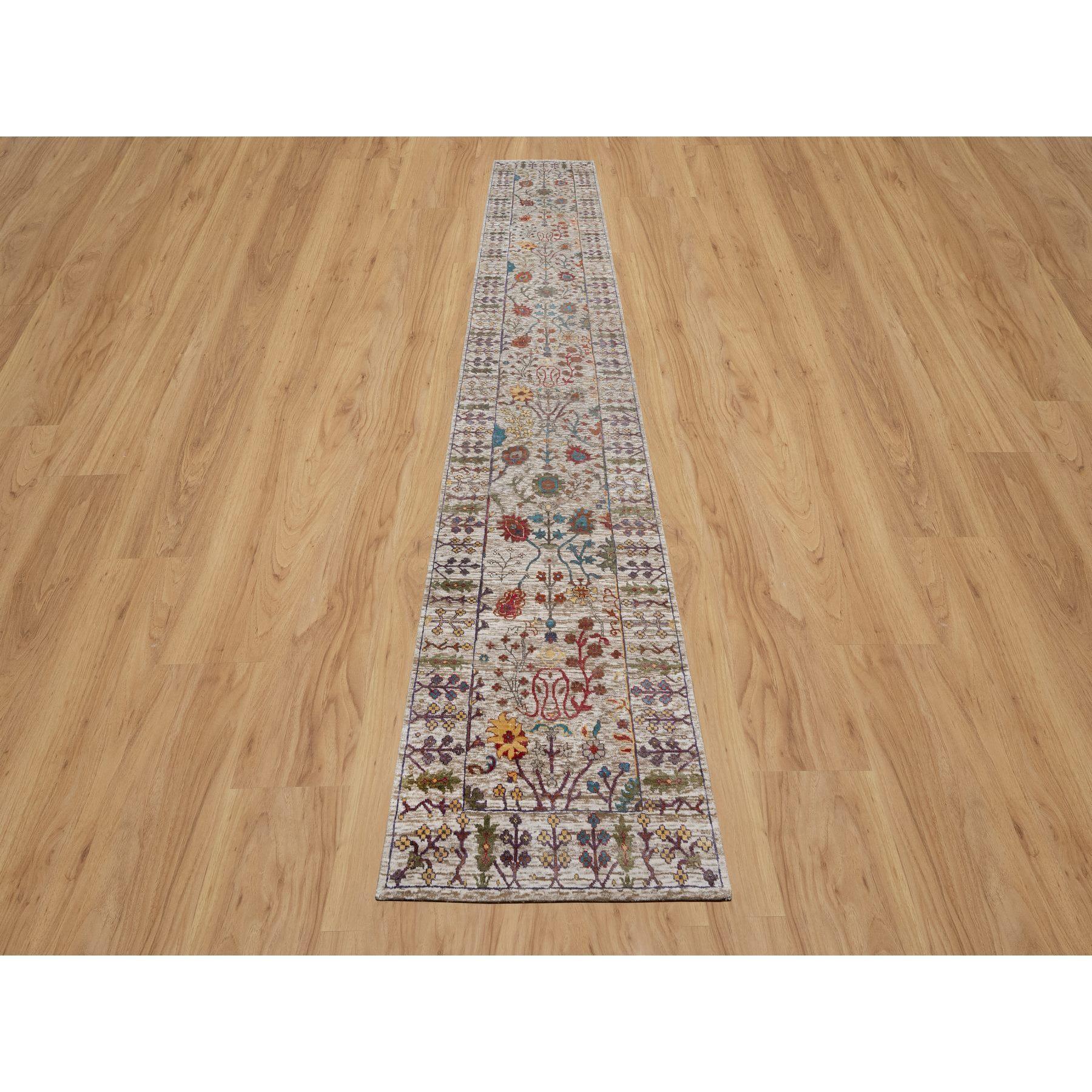 Daisy White with Brown, Directional Vase Design, Silk with Textured Wool Hand Knotted, XL Runner, Oriental Rug
Primary materials: Wool & Silk
Latex: No Pile 
height: 0.25 Inches
Style: Transitional
Primary color: Ivory
Secondary colors: Red, Orange,