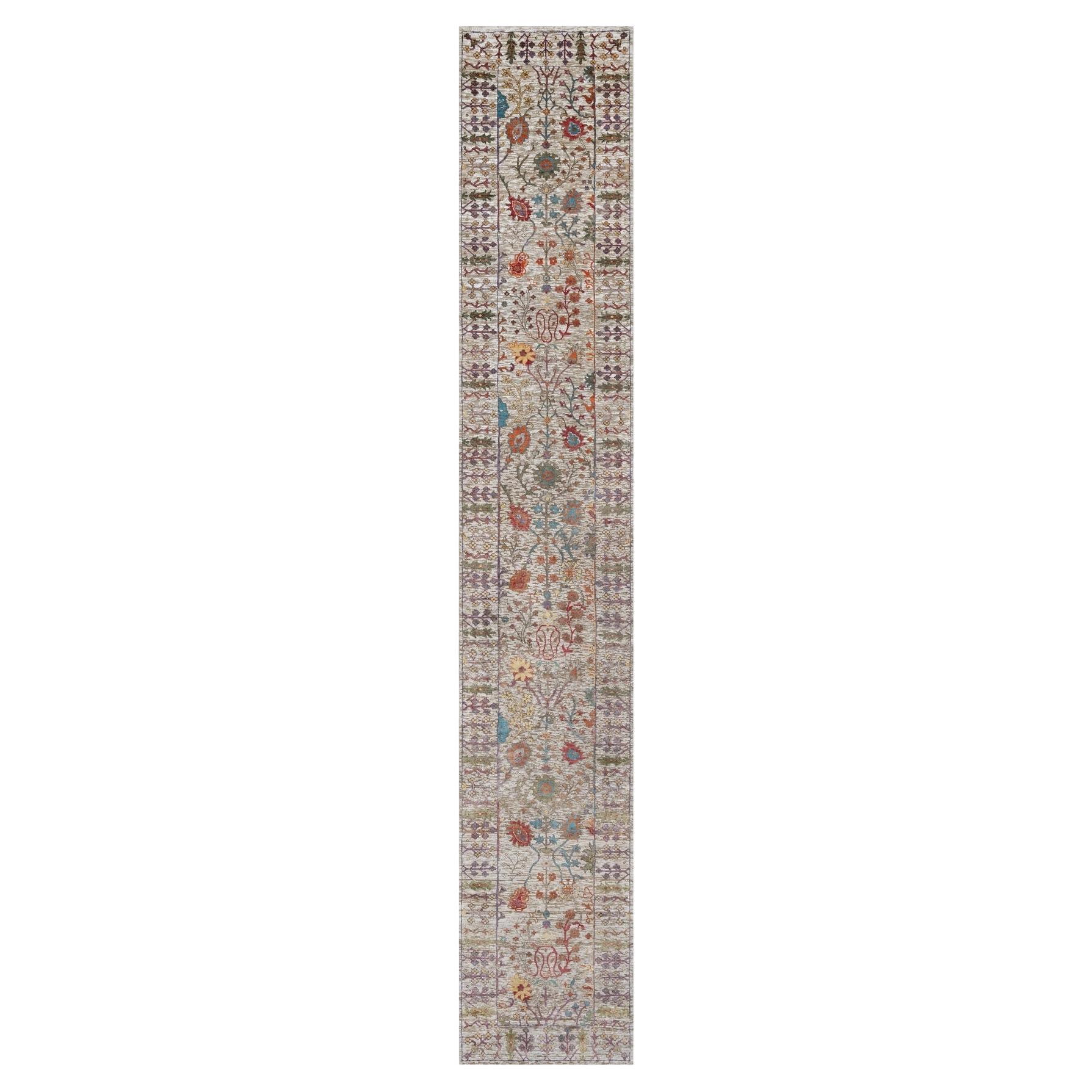 2'8"x16'2" White Silk with Textured Wool Hand Knotted Vase Design Runner Rug For Sale