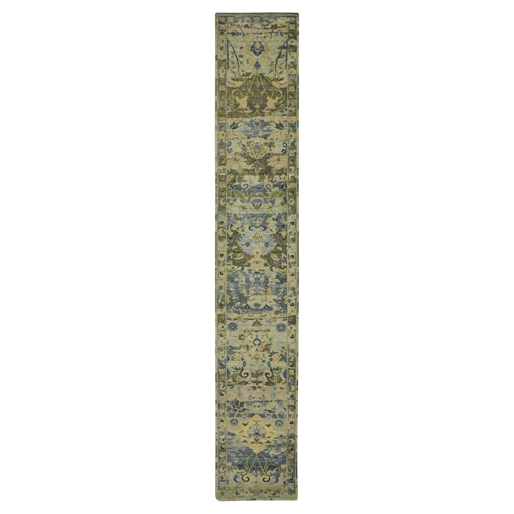 2'8"x16'3" Green Hand Knotted Erased Birds Design Pure Wool Runner Oriental Rug
