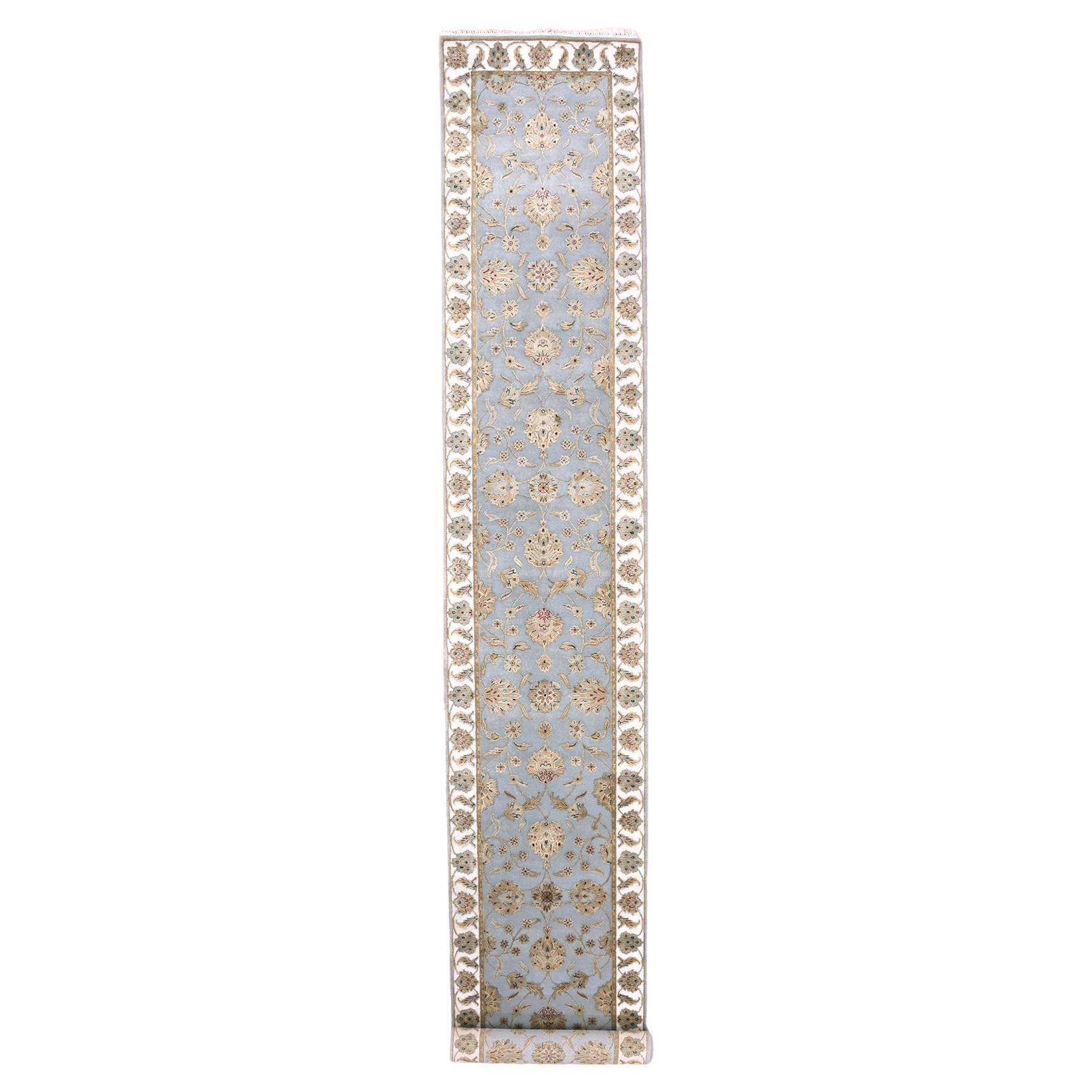 2'8"x17'1" Amsterdam Blauer Rajasthan-Blauer handgeknüpfter XL-Läufer aus Wolle und Seide mit Blättern