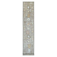 2'8"x17'2" Brown Hand Knotted Afghan Angora Oushak Leaf Design Wool Runner Rug