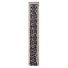 2'8"x18'1" Graphite Blue Nain with Flower Design Wool and Silk Hand Knotted Rug