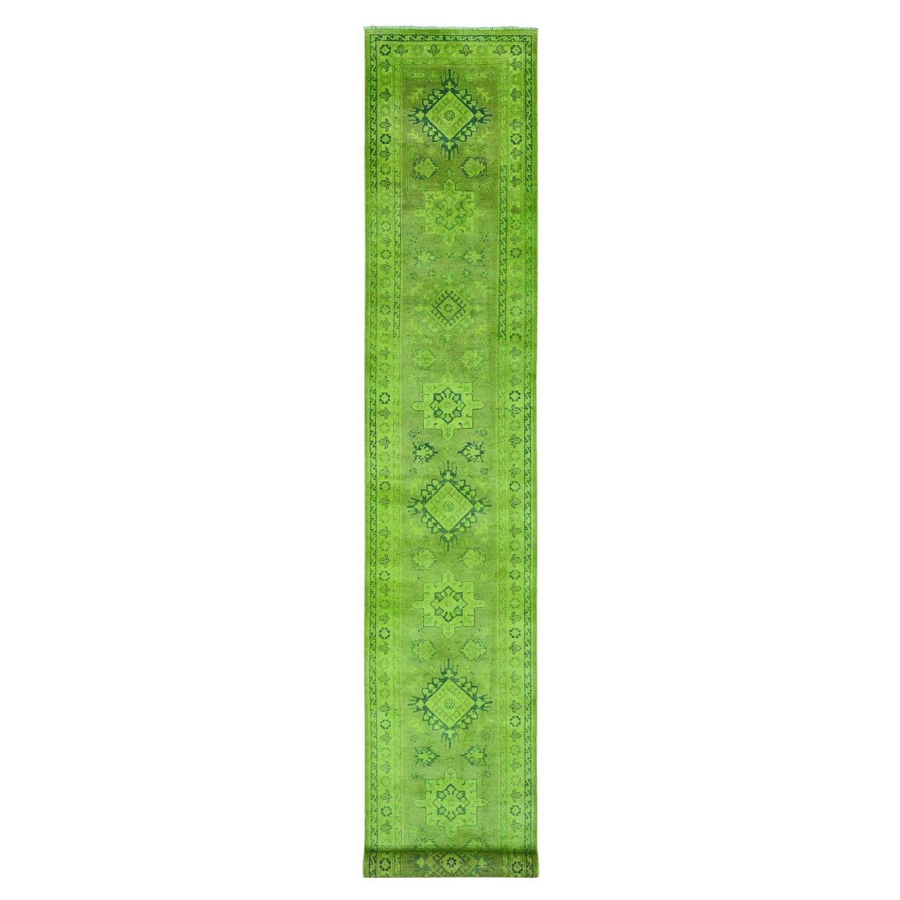2'8"x18'10" Green Overdyed Kazak Geometric Design Hand Knotted Wool Runner Rug For Sale