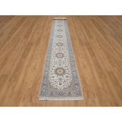 2'8"x18'5" Ivory Hand Knotted Nain with Medallions Design Wool & Silk Runner Rug