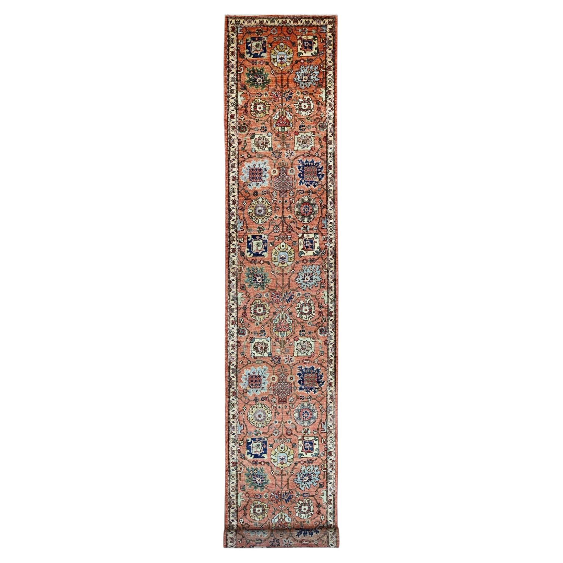2'8"x19' Coral Red Northwest Zoroastrian Design Hand Knotted Wool Runner Rug