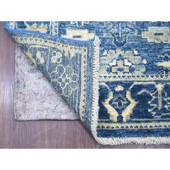 2'8"x19' Denim Blue Hand Knotted Angora Oushak Leaf Design Pure Wool Runner Rug