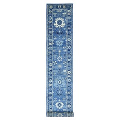 2'8"x19' Denim Blue Hand Knotted Angora Oushak Leaf Design Pure Wool Runner Rug