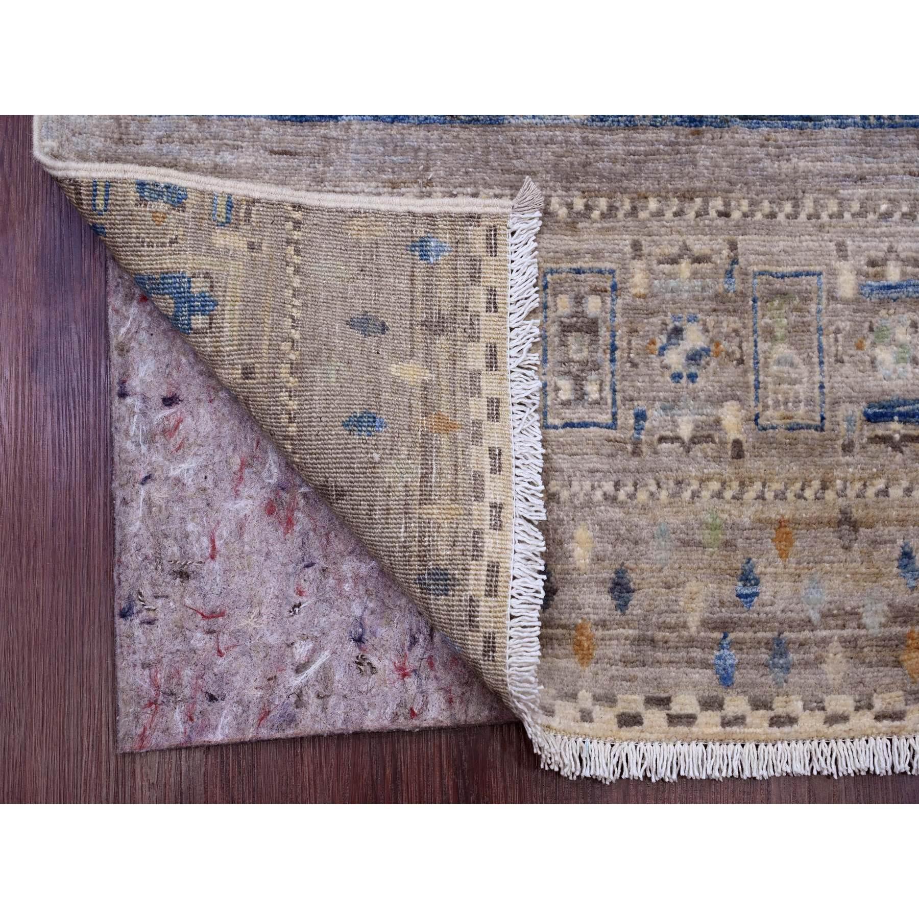 Shades of Blue, Fine Kashkuli Gabbeh with Small Animal Figurines, Soft Wool, Hand Knotted, Vegetable Dyes, XL Runner, Oriental Rug
Primary materials: Wool
Latex: No Pile 
height: 0.25 Inches
Style: Traditional
Primary color: Blue
Secondary colors: