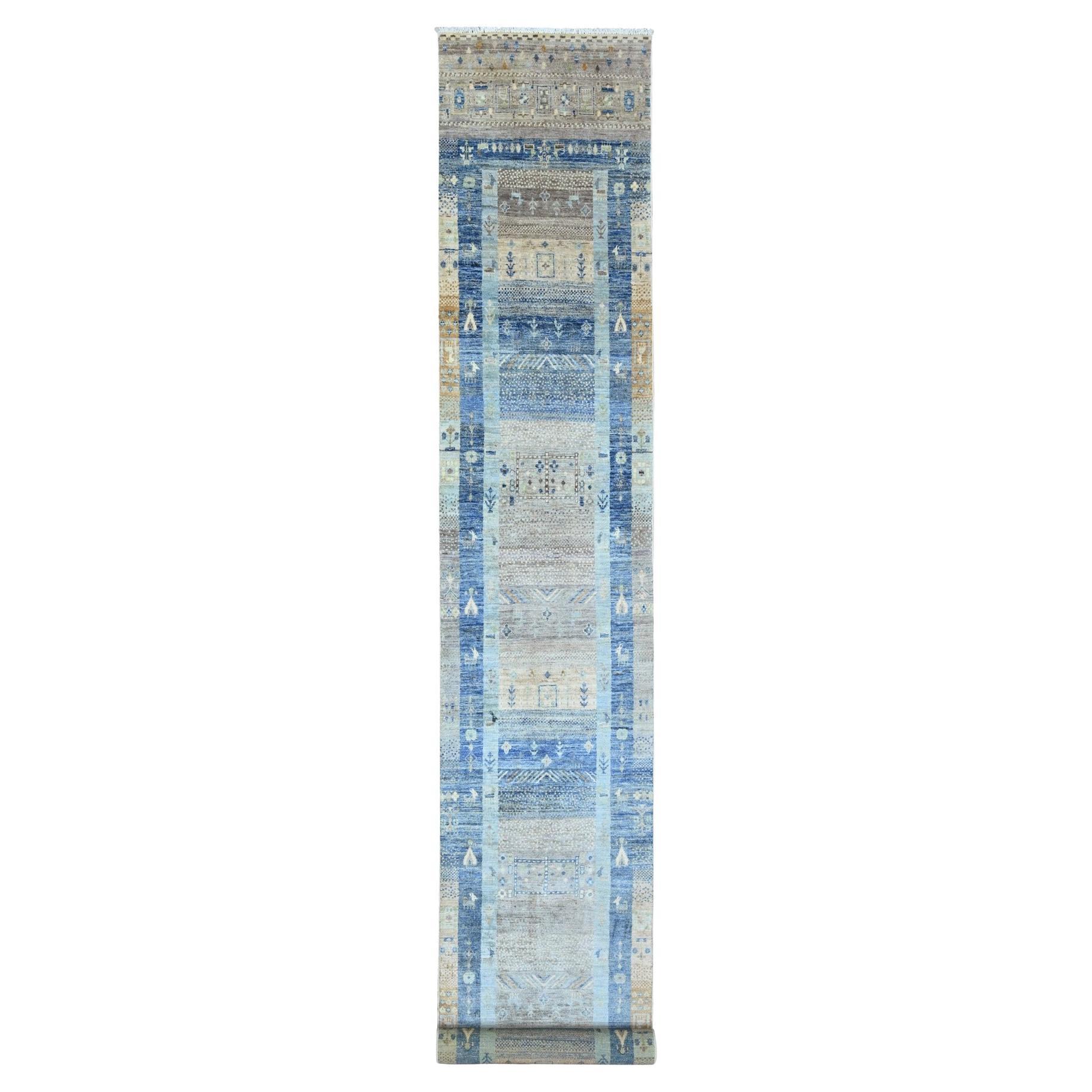 2
8"x19
1" Blue Fine Kashkuli Animal Figurines Hand Knotted Soft Wool Runner Rug