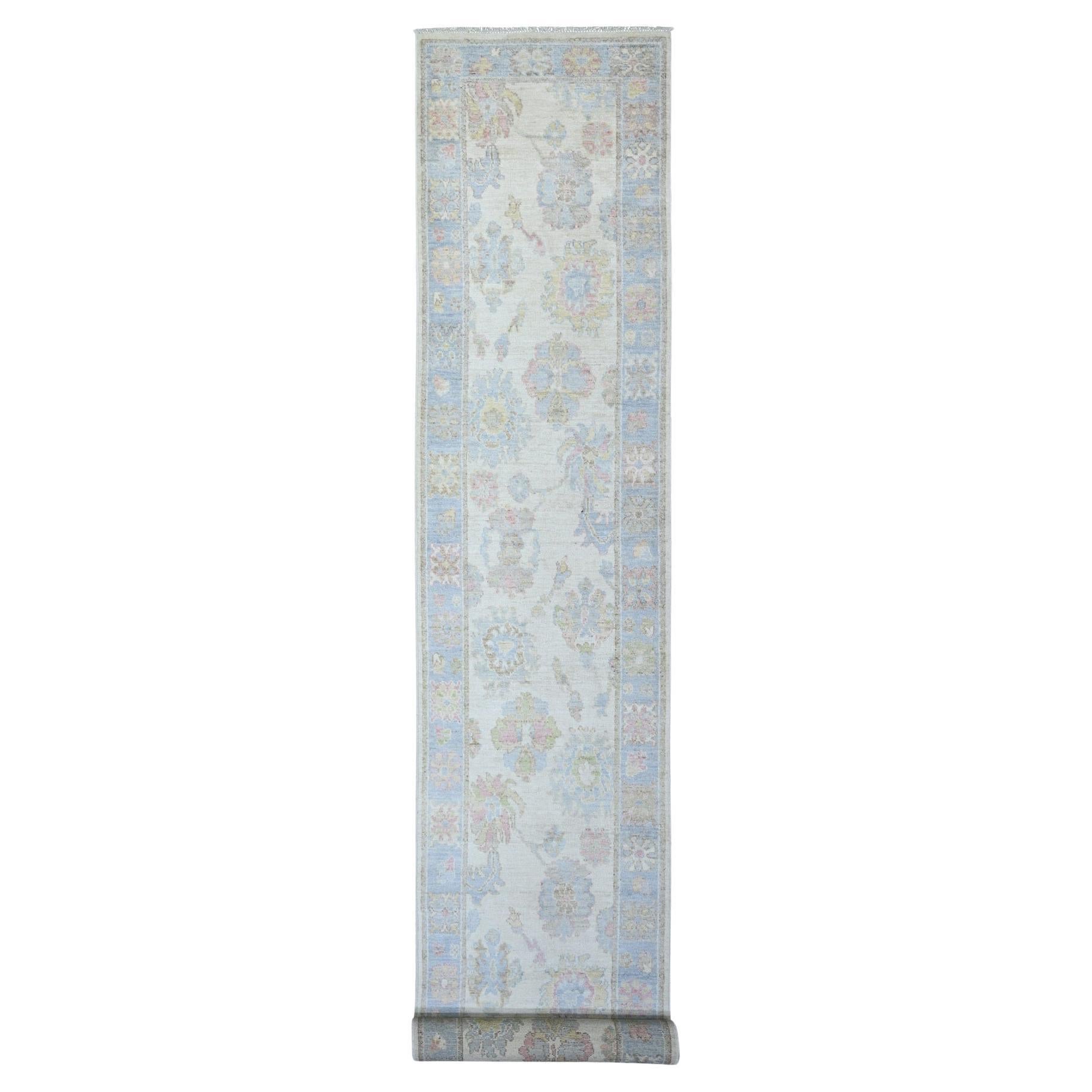 2'8"x19'1" Ivory, Wool Hand Knotted, Afghan Angora Oushak XL Runner Oriental Rug