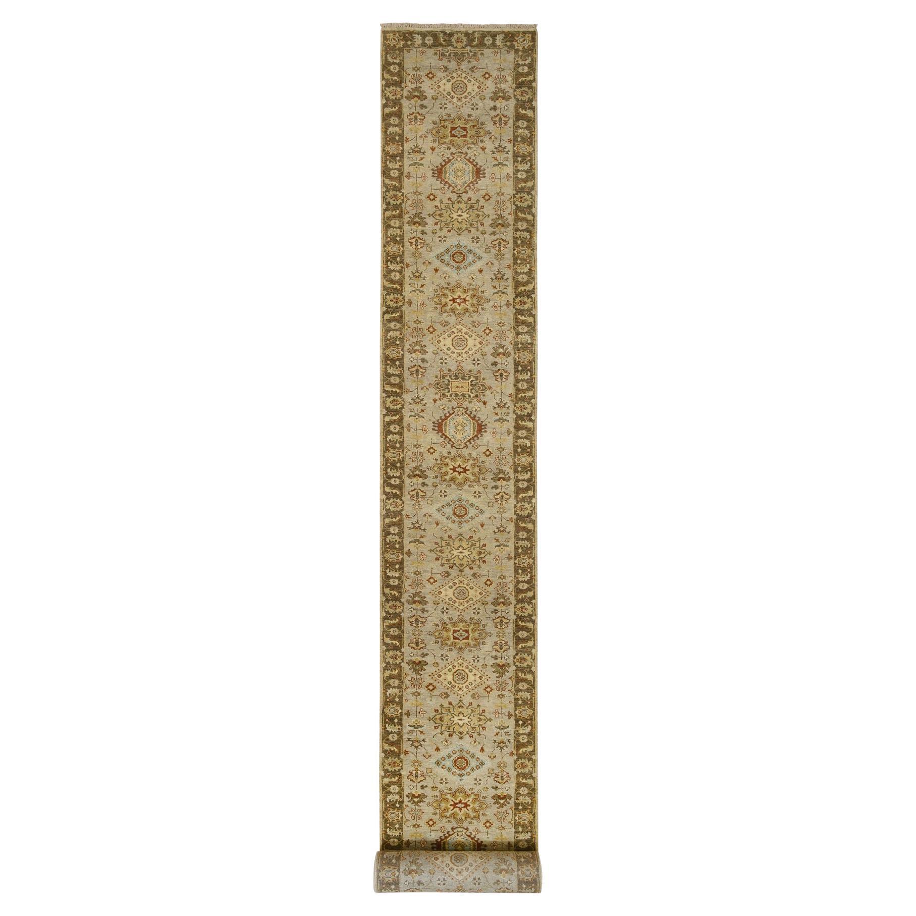 2'8x19'10" Light Gray Karajeh Design Hand Knotted Medallions Wool Runner Rug For Sale