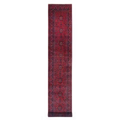 Tappeto Runner in lana annodato a mano 2'8 "x19'2" rosso vermiglio afghano Khamyab Star Design