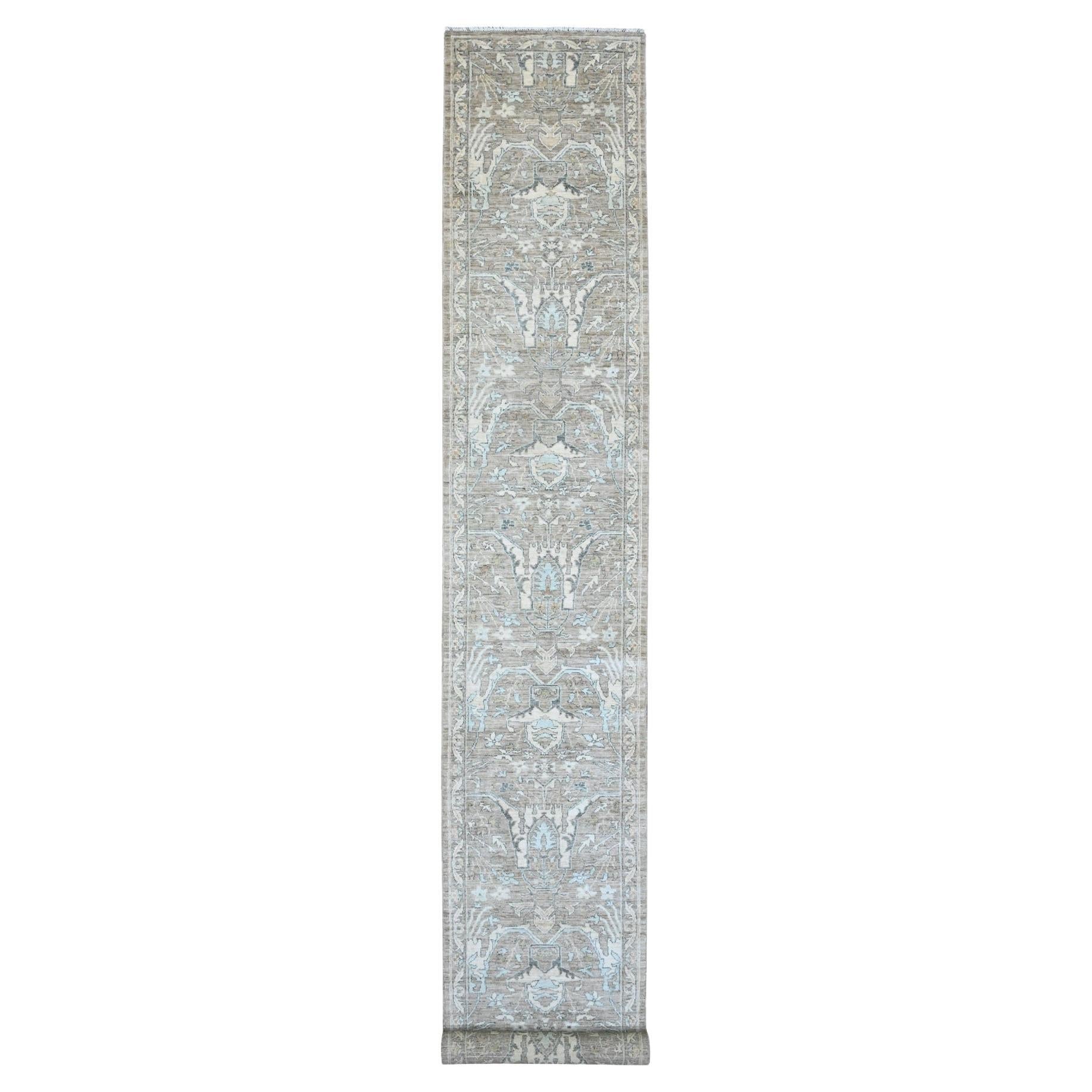 2'8"x19'4" Brown Washed Peshawar Leaf Pattern Hand Knotted Pure Wool Runner Rug