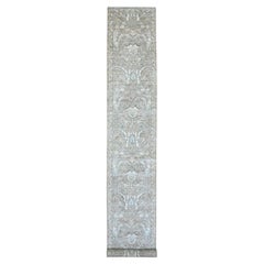 2'8 "x19'4" Brown Washed Peshawar Leaf Pattern Tapis de course en pure laine nouée à la main
