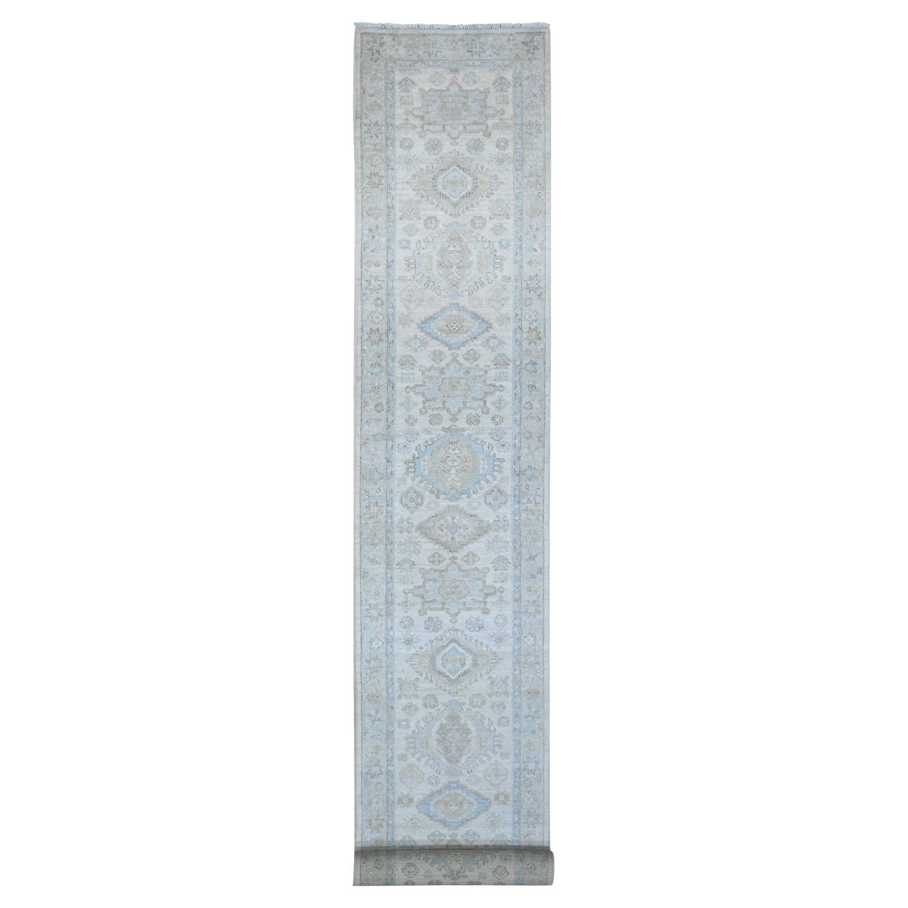 2'8"x19'7" Frost White Hand Knotted White Wash Peshawar All Wool XL Runner Rug For Sale