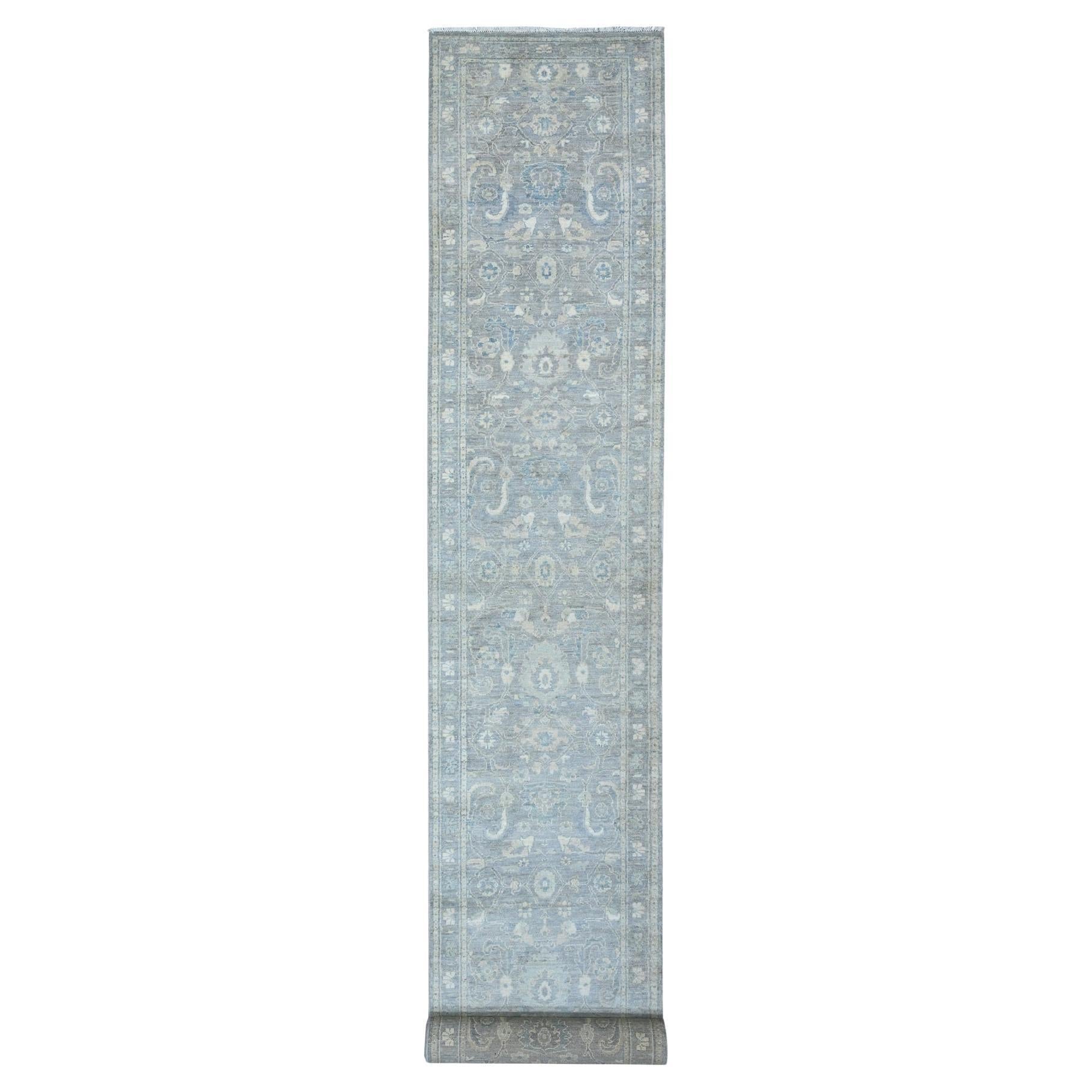 2'8"x19'9" Gänseblümchengrauer, weicher Wollteppich, feiner Peshawar, handgeknüpft, XL Runnner-Teppich
