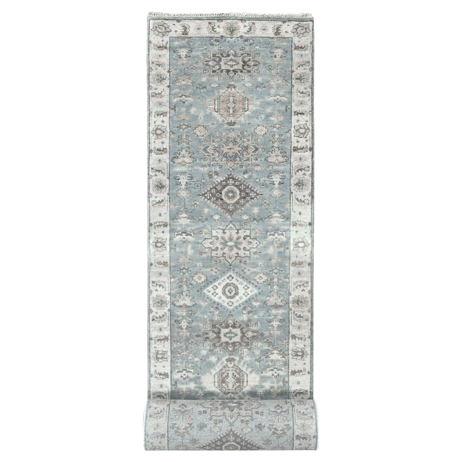 2'8"x20' Hellgrauer, Karajeh-Design, Bio-Woll, handgeknüpfter, XL-Läufer