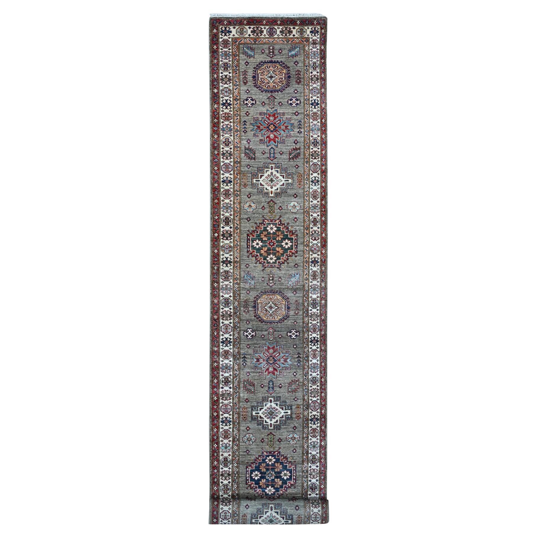 2'8"x20'10" Battleship Gray Hand Knotted Super Kazak Wool XL Runner Oriental Rug