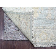 2'8"x20'3" Blue Hand Knotted Afghan Angora Oushak Leaf Design Wool Runner Rug