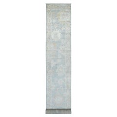 2'8"x20'3" Blue Hand Knotted Afghan Angora Oushak Leaf Design Wool Runner Rug