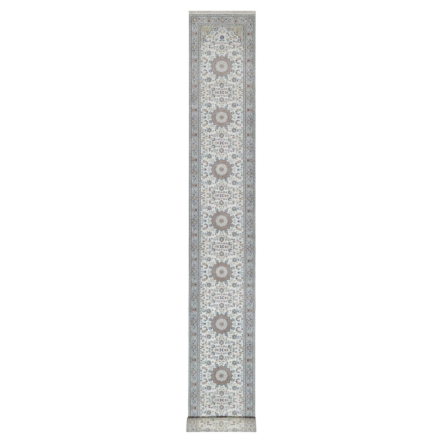 2
8"x20
3" Ivory Wool 
Silk Nain with Flower Design Hand Knotted XL Runner Rug For Sale