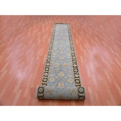 2'8"x20'8" Gray Hand Knotted Leaf Pattern Wool and Silk Runner Oriental Rug