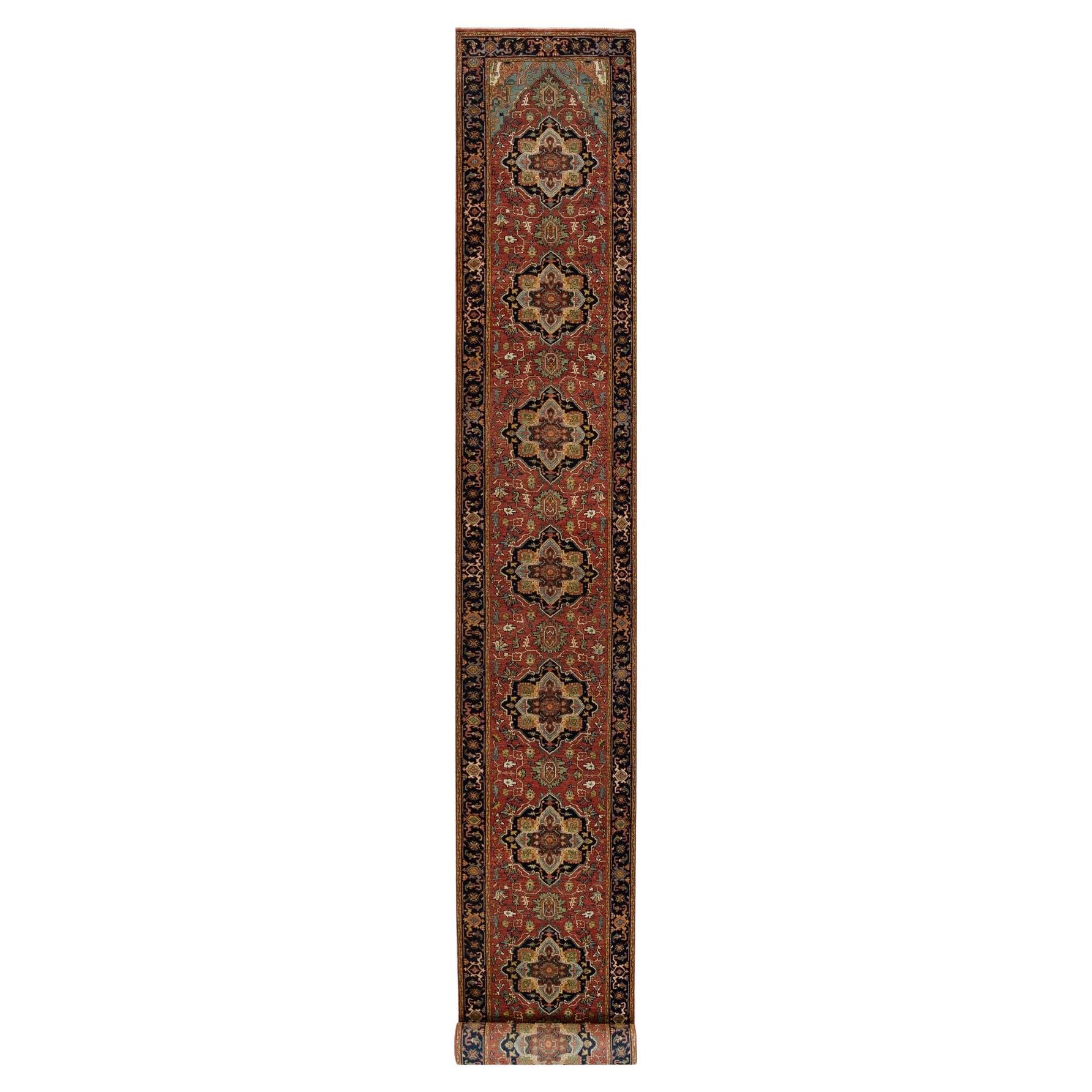 2'8"x22' Chili Red Antiqued Heriz Re-Creation Soft Wool Runner Hand Knotted Rug