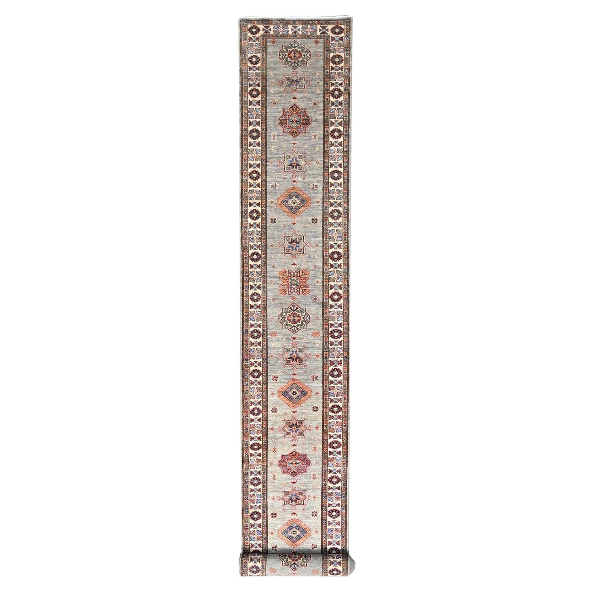 2'8"x22'6" Gray Afghan Super Kazak Geometric Design Wool Hand Knotted Runner Rug