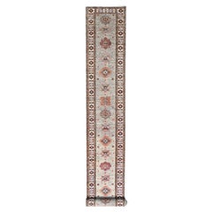 2'8 "x22'6" Alfombra afgana gris de diseño geométrico Super Kazak Corredera de lana anudada a mano