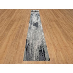 2'8"x23'10' Black with Ivory Hand Knotted Abstract Design Wool & Silk Runner Rug