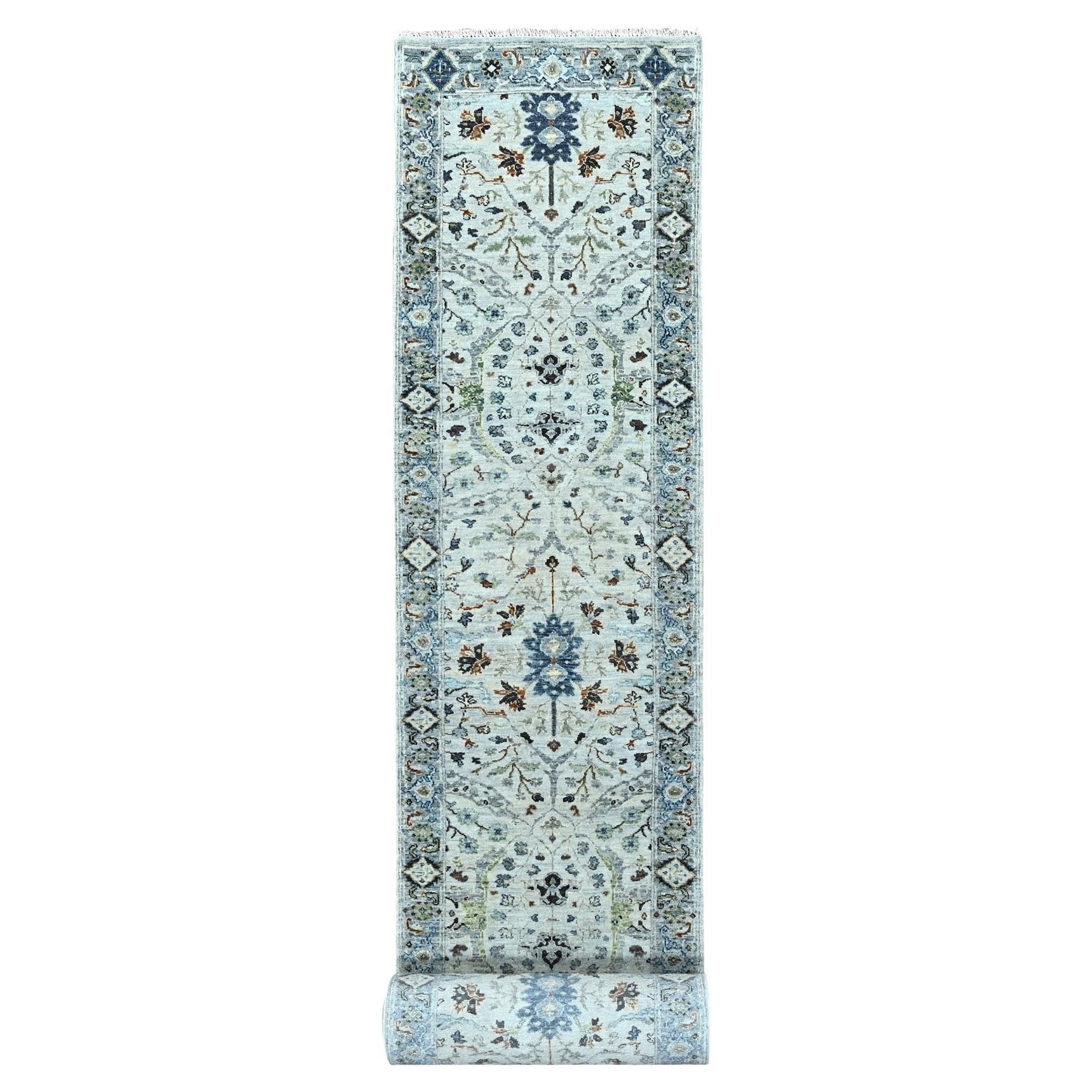 2'8"x23'10" Gray Oushak Floral Pattern Hand Knotted Velvety Wool XL Runner Rug For Sale