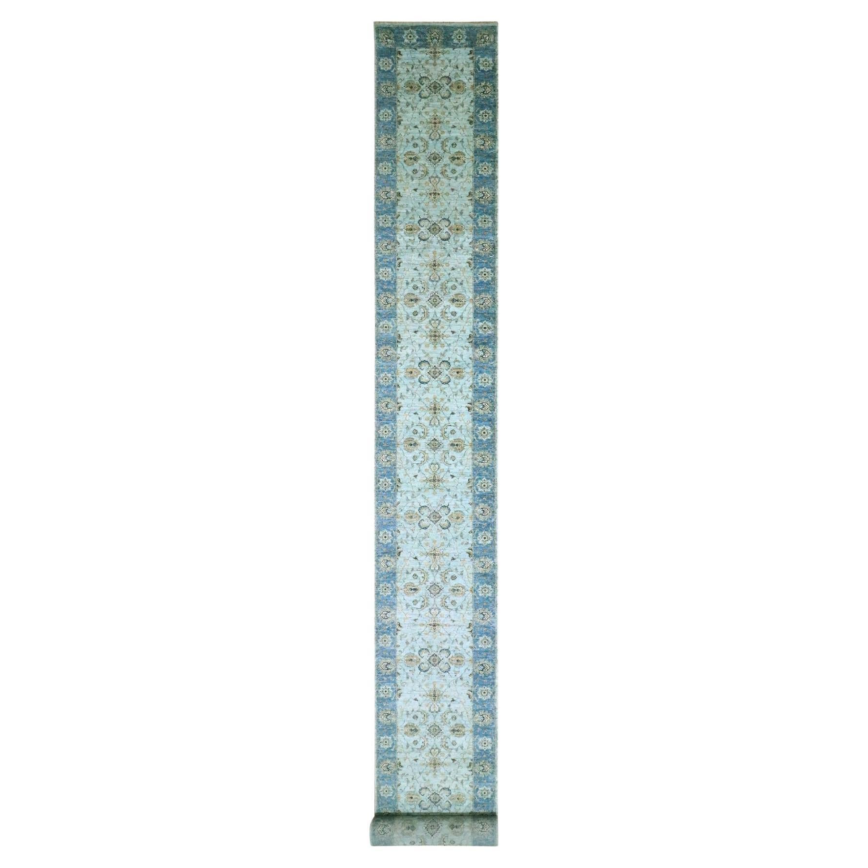 2'8"x24'1" Blue Agra Shah Abbas Flower Design Hand Knotted Pure Wool Runner Rug
