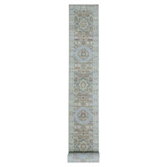 Alfombra de pasillo XL de lana pura, tejida a mano, con diseño Mamluk en verde pistacho, de 2'8" x 25'10"