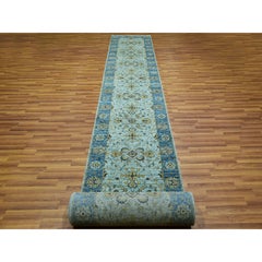2'8"x29'10" Blue Shah Abbas Floral Design Hand Knotted Wool XL Runner Rug