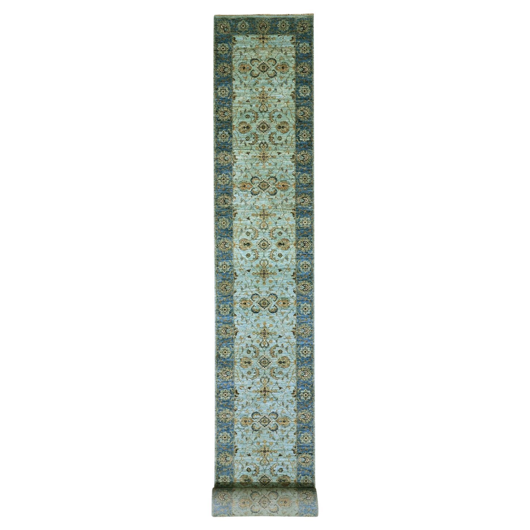 2'8"x29'10" Blue Shah Abbas Floral Design Hand Knotted Wool XL Runner Rug For Sale