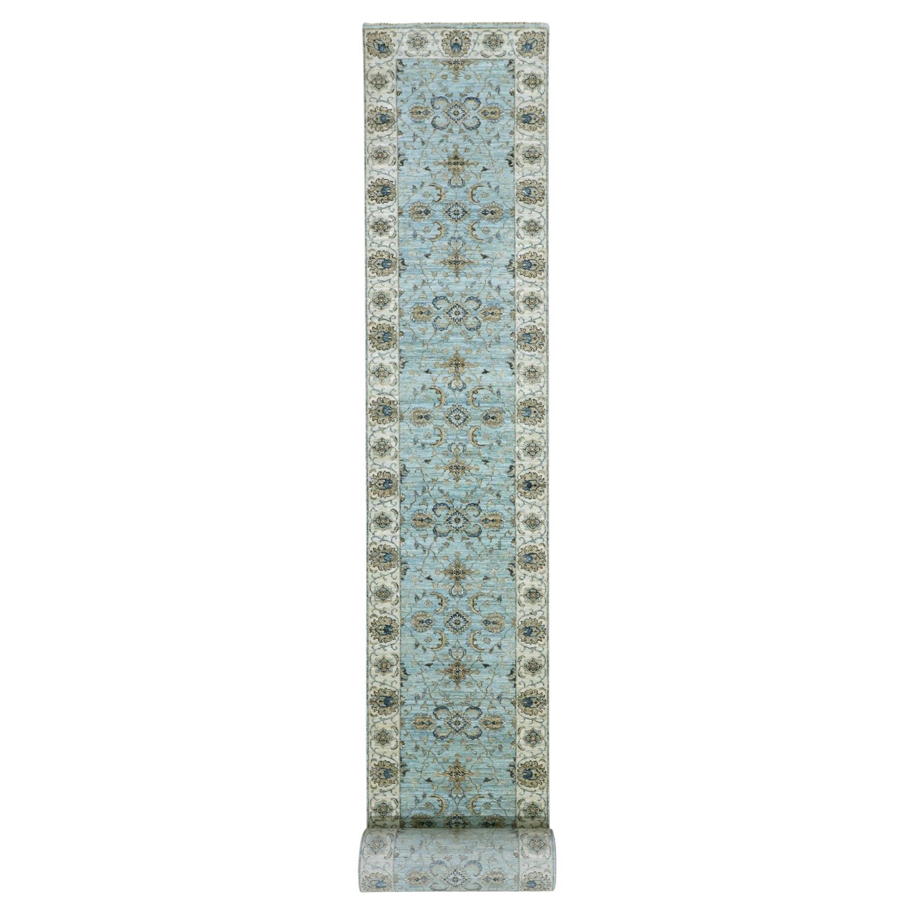 2'8"x29'9" Tiffany Blue Hand Knotted Wool Shah Abbas XL Runner Oriental Rug