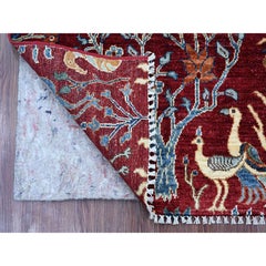 2'8"x3'10" Red Peshawar with Birds of Paradise Design Hand Knotted Wool Mat Rug