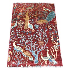 2'8"x3'10" Red Peshawar with Birds of Paradise Design Hand Knotted Wool Mat Rug